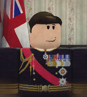 Portrait of Harrison as Chief of Naval Staff in his formals. He is standing in front of a Union Jack.