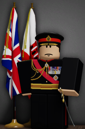 Portrait of The Earl of Harewood in his military formals in front of a Union Jack and the flag of Gibraltar